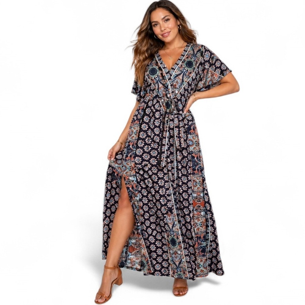 Boho Paisley Maxi Dress Large Flowy Flutter Sleeve V Neck Festival